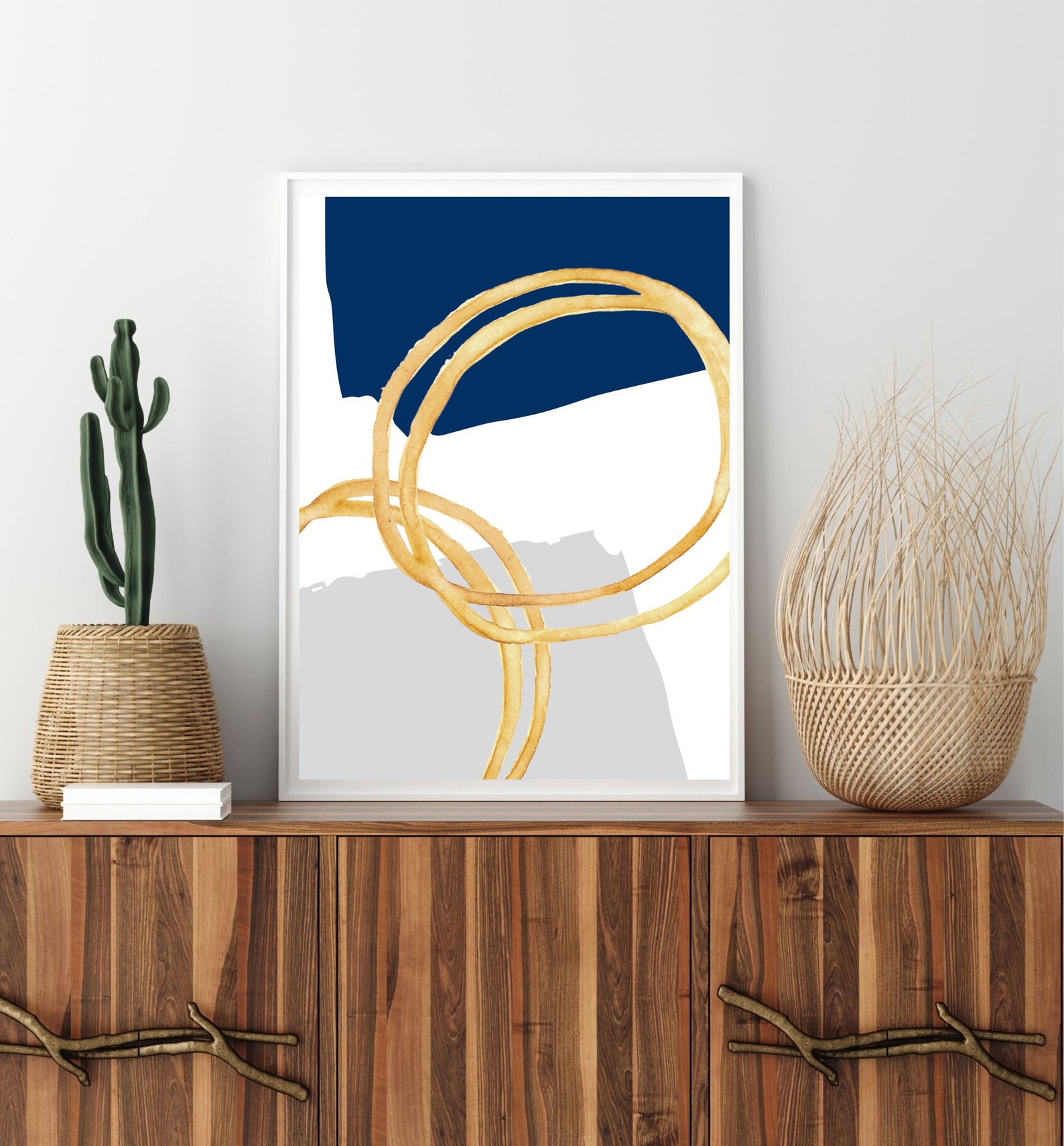 ABSTRACT Art Print NAVY Blue Silver/grey & GOLD Rings Wall Etsy