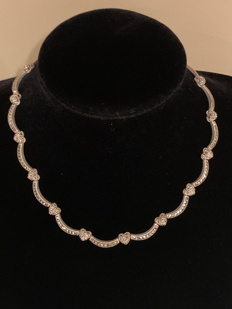 Gorgeous Judith Jack signed vintage sterling silver marcasite necklace with hearts and waves and a lobster clasp.