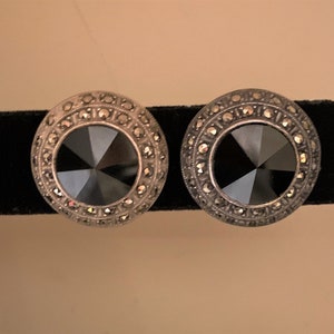 Signed Judith Jack vintage sterling silver round over-sized marcasite with black onyx pierced earrings.