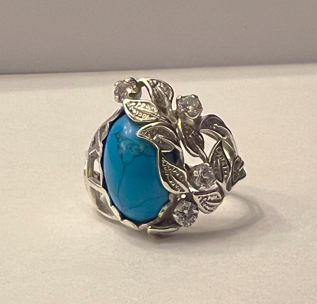 Vintage 925 Turquoise STATEMENT Leaf Ring With 4 Round
