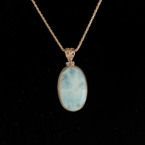 Larimar Sterling silver 925 Italy chain with a large Larimar oval pendant surrounded by a silver border.