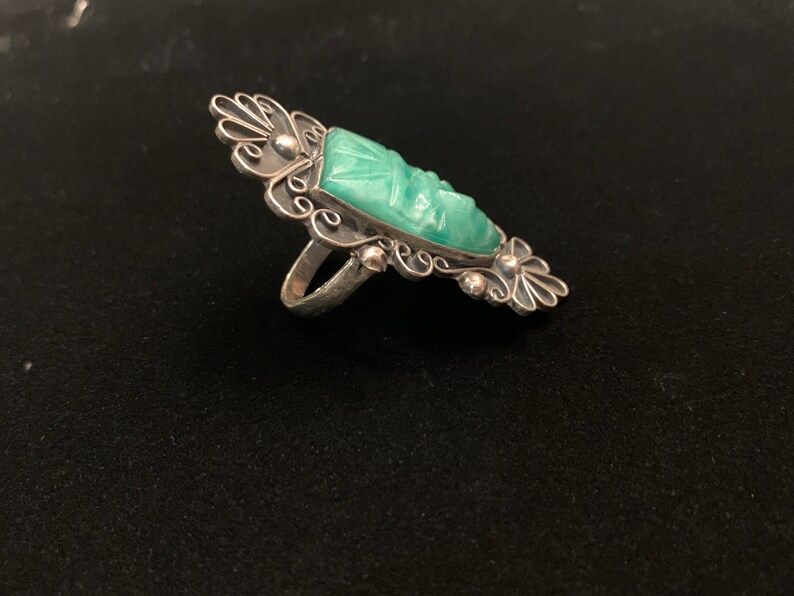 signed Sterling RAG Mexico. Vintage Sterling silver hand carved green jade Mayan face mask ring