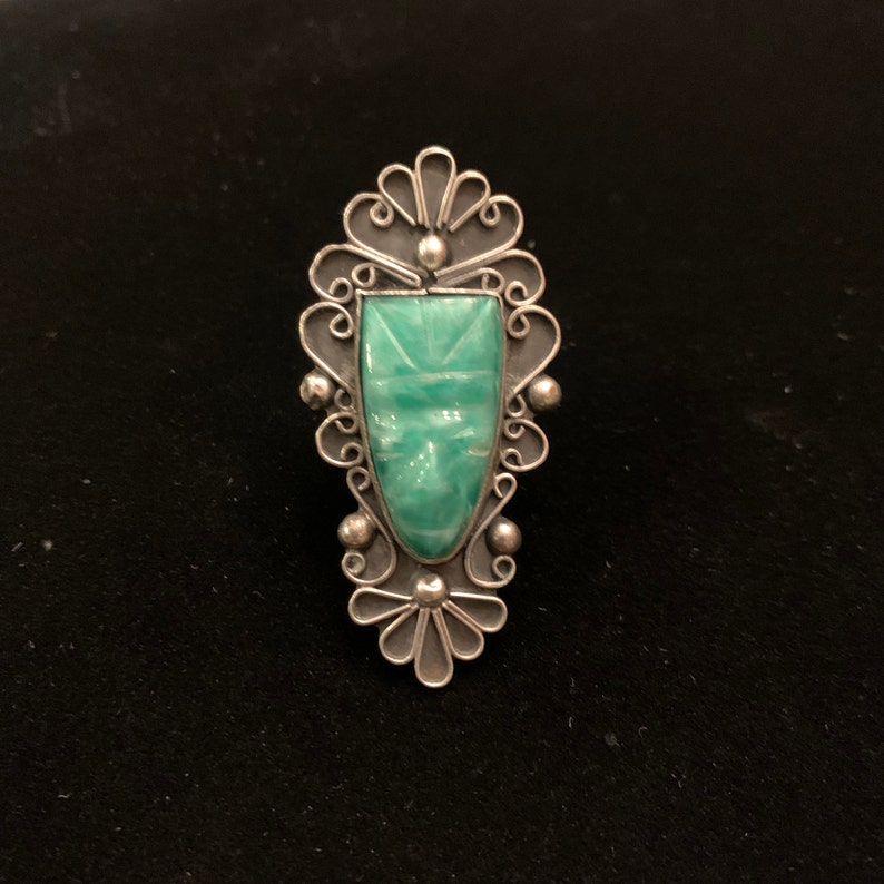 signed Sterling RAG Mexico. Vintage Sterling silver hand carved green jade Mayan face mask ring