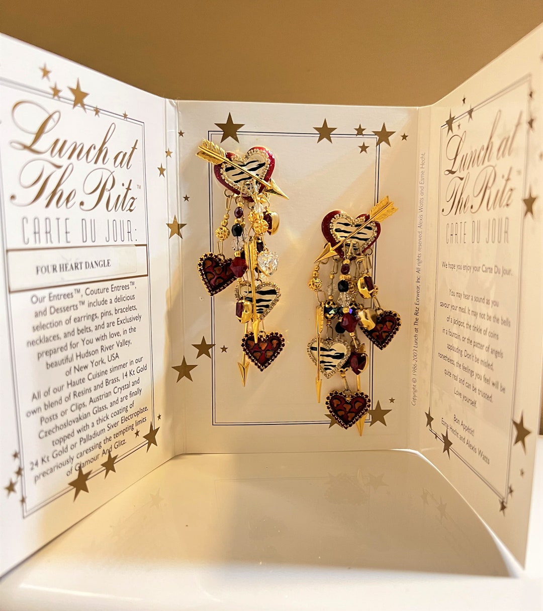 Lunch at the Ritz Vintage Gold Tone Four Heart Dangle Clip on Earrings