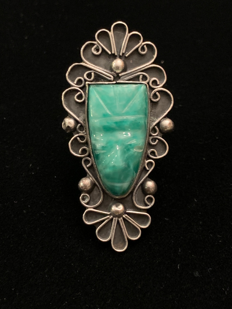 signed Sterling RAG Mexico. Vintage Sterling silver hand carved green jade Mayan face mask ring