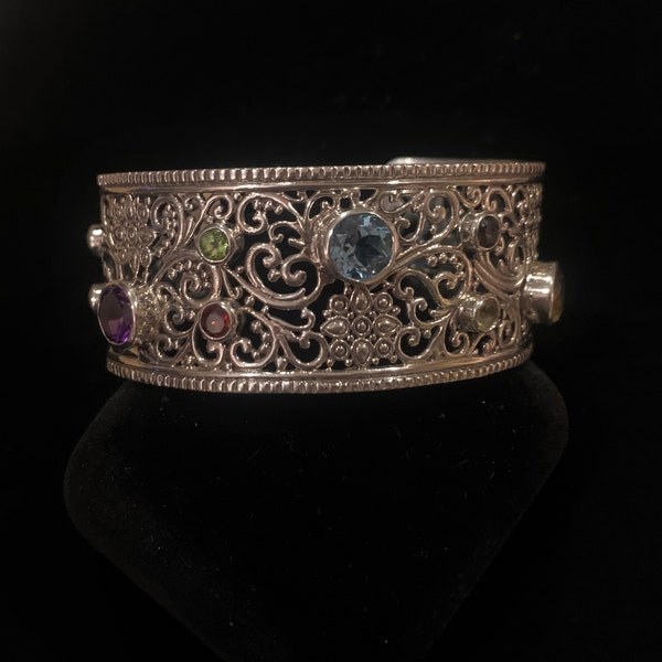 Samuel B. signed vintage sterling silver 925 handmade floral cuff with a beautiful design and multi-colored bezel set round gemstones.