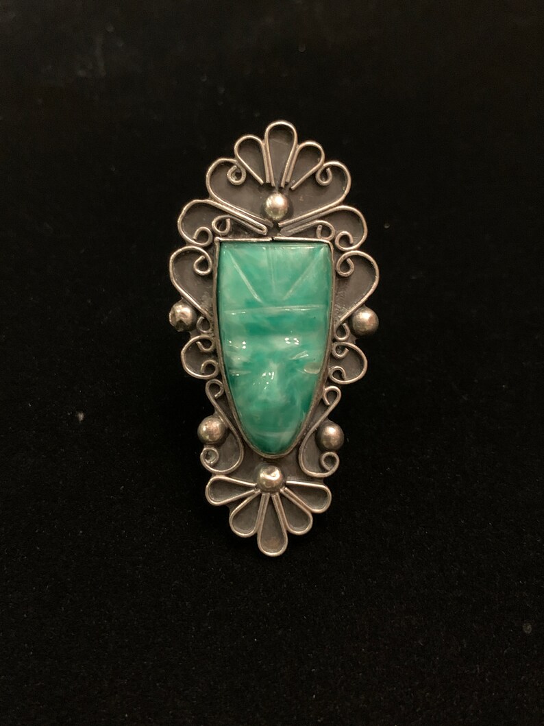 signed Sterling RAG Mexico. Vintage Sterling silver hand carved green jade Mayan face mask ring