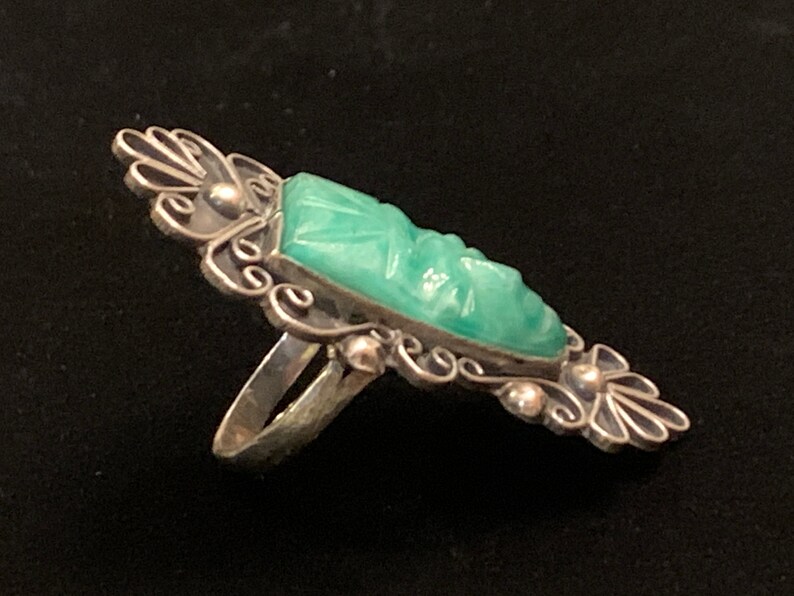 signed Sterling RAG Mexico. Vintage Sterling silver hand carved green jade Mayan face mask ring