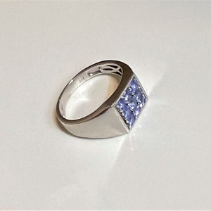 Vintage Chuck Clemency STS 925 SS amethyst ring w a rectangular face holding 3 rows of 3 small round faceted amethyst stones, US size 10.25.