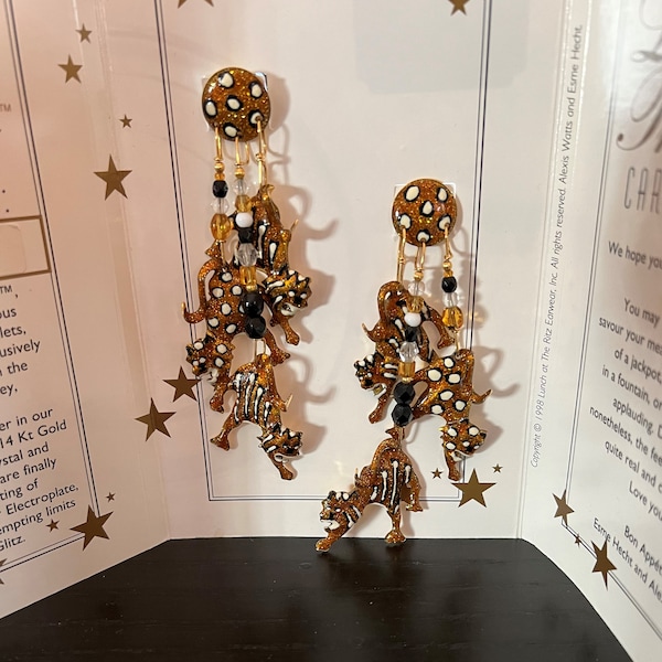 Vintage Lunch At the Ritz 1989 gold 24K electroplated Jungle cats pierced earrings with 2 tigers and a cheetah with dots and stripes.