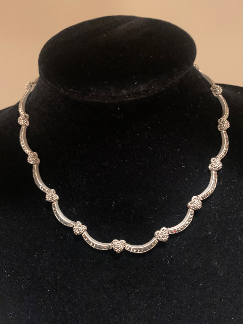 Gorgeous Judith Jack signed vintage sterling silver marcasite necklace with hearts and waves and a lobster clasp.