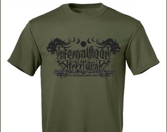 Infernal Moon Streetwear logo shirt. Pullover, crew neck, green, green shirt