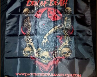 DEN OF DEATH wall hang, flag, tapestry. In full vibrant color. Smooth 100% polyester.