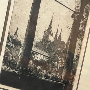Antique Signed Etching Prague St Vitus Cathedral 1914 J.C. Vondrous 1st State European Architectural Print Framed Original Etching
