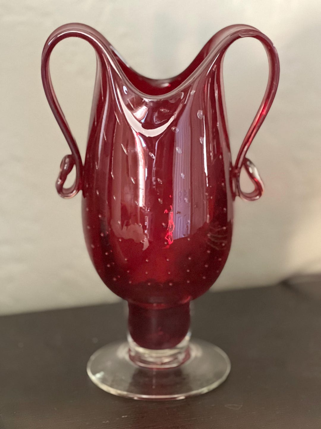 Vintage Ruby Red Art Glass Vase With Applied Handles, Controlled Bubble ...