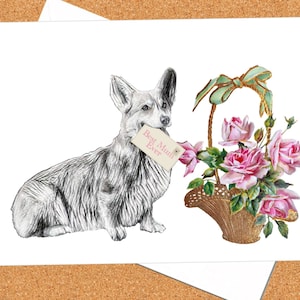 Welsh Corgi With Flowers Mum Card/ Mothers Day Card