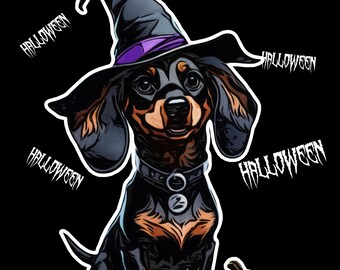 May include: A black and brown dachshund wearing a witch's hat with a purple band and sitting next to two jack-o'-lanterns. The background is black with the word "HALLOWEEN" written in white multiple times.
