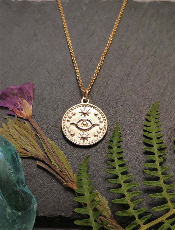 Evil Eye Medallion K Gold Filled Chain Mystic Boho Etsy