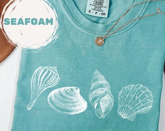 Retro Seashell Comfort Colors® Summer Beach Shirt, Vintage Style Shell Coastal Shirt for Her, Womens Beachy Ocean Tropical Vacay Tee
