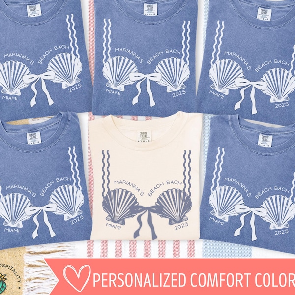 Custom Bikini Bachelorette Group Shirts, Last Toast Coastal Beach Bach Party Matching Tees, Cute Funny Seashell Bikini Bra Comfort Color Top