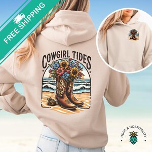 Cowgirl Tides Hoodie Sweatshirt, Women&#39;s Coastal Cowgirl Aesthetic, Country Western Girly Beach Hoody, Boots Beach Ocean Waves, Front Back