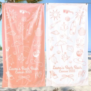 Personalized Bach Bash Towels, Trendy Doodle Bachelorette Trip Bridal Party Gifts, Custom Womens Pool Towels, Coastal Beach Bride Girls Trip