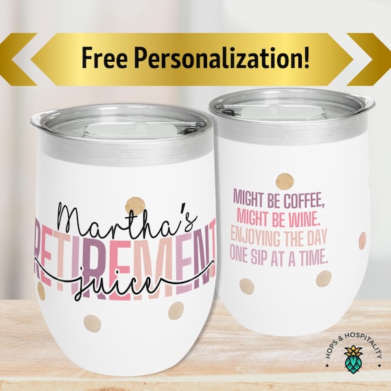 Personalized Retirement Tumbler Gift, Cute Funny Custom Name Insulated Travel Mug with Lid, Unique Coffee or Wine Gift for Retiring Coworker