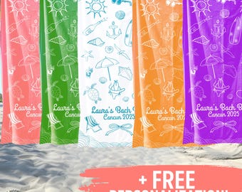 Aangepaste strandlaken, kust vrijgezellenweekend cadeaus bruidsfeest, gepersonaliseerde strandbadhanddoek bruid, reishanddoek meisjes, bach bash gunsten