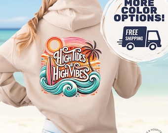 Retro Surf Hoodie Sweatshirt, Beach Lover Ocean Hooded Sweatshirt Gift For Surfer, Distressed High Tide Club Coastal Aesthetic Sweater