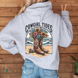 Cowgirl Tides Hoodie Sweatshirt, Women&#39;s Coastal Cowgirl Aesthetic Sweater, Country Western Girly Beach Hoody, Boots Beach and Ocean Waves
