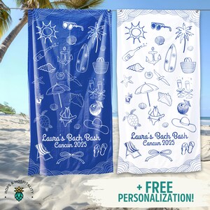 Custom Beach Towel, Coastal Bachelorette Weekend Bridal Party Gifts, Personalized Bride Beach Pool Towel, Girls Trip Towel, Bach Bash Favors