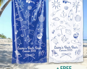 Aangepaste strandlaken, kust vrijgezellenweekend cadeaus bruidsfeest, gepersonaliseerde strandbadhanddoek bruid, reishanddoek meisjes, bach bash gunsten
