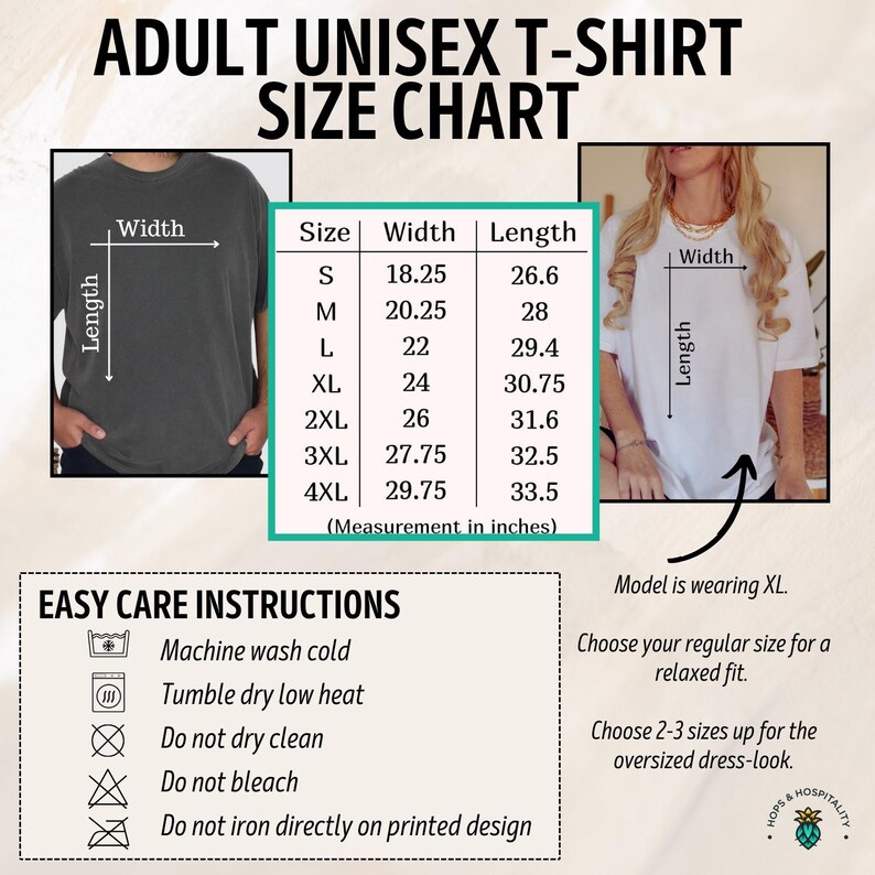 K&ouml;nnte beinhalten: Gr&ouml;&szlig;entabelle f&uuml;r Unisex-T-Shirts f&uuml;r Erwachsene mit Ma&szlig;en in Zoll. Die Tabelle umfasst Gr&ouml;&szlig;en von S bis 4XL mit entsprechenden Breiten- und L&auml;ngenma&szlig;en. Pflegehinweise mit Wasch- und Trocknungsanweisungen sind ebenfalls enthalten.