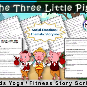 Puede incluir: Un guion de historia de yoga y fitness para niños para Los Tres Cerditos. El guion incluye temas socioemocionales y poses de yoga. La imagen muestra tres cerditos de dibujos animados en poses de yoga.