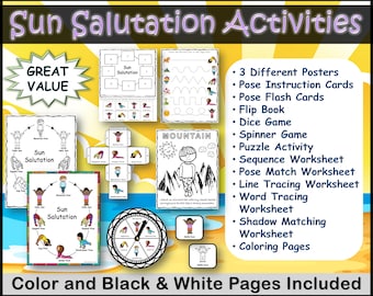 Sun Salutation Kids Yoga Games Activities Set, Coloring Pages, Dice Game, Spinner Game, Literacy Activities, Pose Poster, Pose Instructions