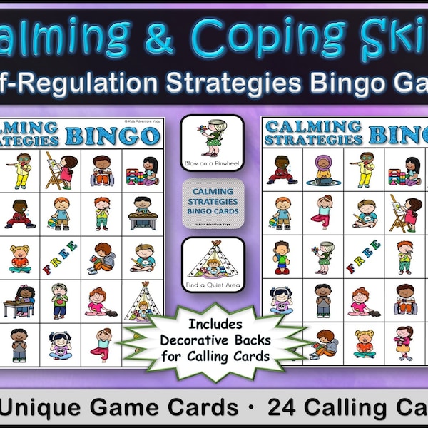 Calm Down Strategies Bingo Game for Kids, Self-Regulation Skills, Coping Skills, Calm Corner, Anxiety, Stress Reduction, Anger Management