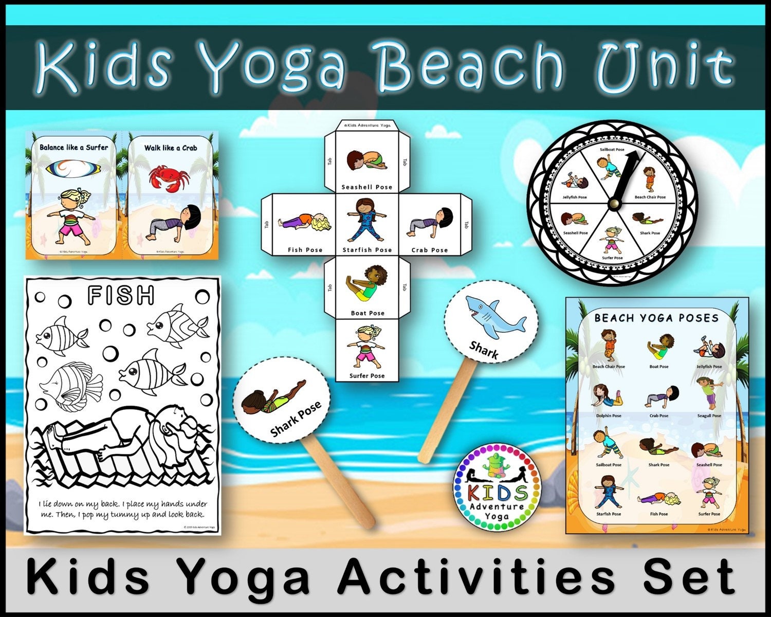 Beach Kids Yoga Games and Activities Set INSTANT DOWNLOAD 