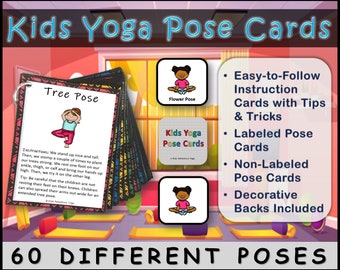 Kids Yoga Pose Cards, 60 Different Poses, Diverse Clip Art, Easy-to-Follow Instructions, Yoga Flash Cards, Fitness Class, Digital Download