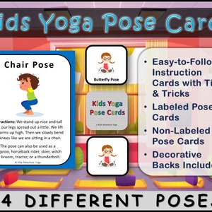 Kinder Yoga Pose Karten, 24 Verschiedene Posen, verschiedene Clip Art, leicht zu befolgende Anleitung, Yoga Flash Karten, Fitness-Klasse, digitaler Download