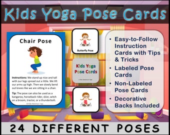 Kids Yoga Pose Cards, 24 Different Poses, Diverse Clip Art, Easy-to-Follow Instructions, Yoga Flash Cards, Fitness Class, Digital Download