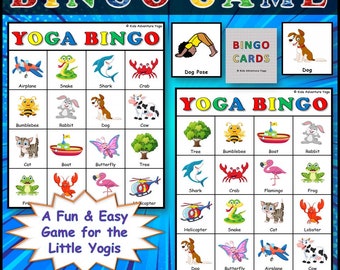 Könnte beinhalten: Ein farbenfrohes Bingospiel mit 30 Spielkarten, die 16 verschiedene Yoga-Posen zeigen. Die Karten haben Bilder von Tieren, einem Boot, einem Hubschrauber, einem Baum, einem Schmetterling, einem Krebs, einer Schlange, einem Frosch, einem Flamingo, einer Hummel, einer Katze, einer Kuh, einem Hummer, einem Hai, einem Flugzeug und einem Kaninchen. Der Text "Yoga Bingo" steht oben auf jeder Karte.