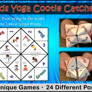 Cootie Catcher / Giochi di yoga per bambini che predicono il futuro, 24 pose, Gioco di fitness, Lezione di yoga per bambini, A.P. Classe, angolo rilassante, diverse clip art, PDF