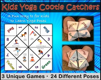 Cootie Catcher / Fortune Telling Kids Yoga Games, 24 Poses, Fitness Game, Kids Yoga Class, P.E. Class, Calming Corner, Diverse Clip Art, PDF