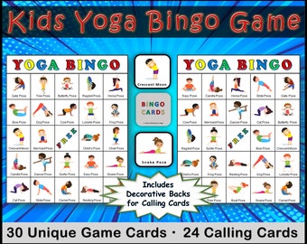 Juego de bingo de pose de yoga para niños, 24 posturas diferentes, imágenes prediseñadas diversas- Descarga digital en PDF