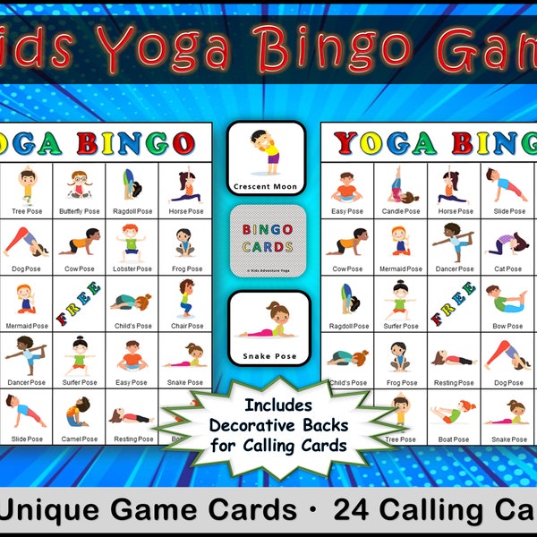 Juego de bingo de pose de yoga para niños, 24 posturas diferentes, imágenes prediseñadas diversas- Descarga digital en PDF