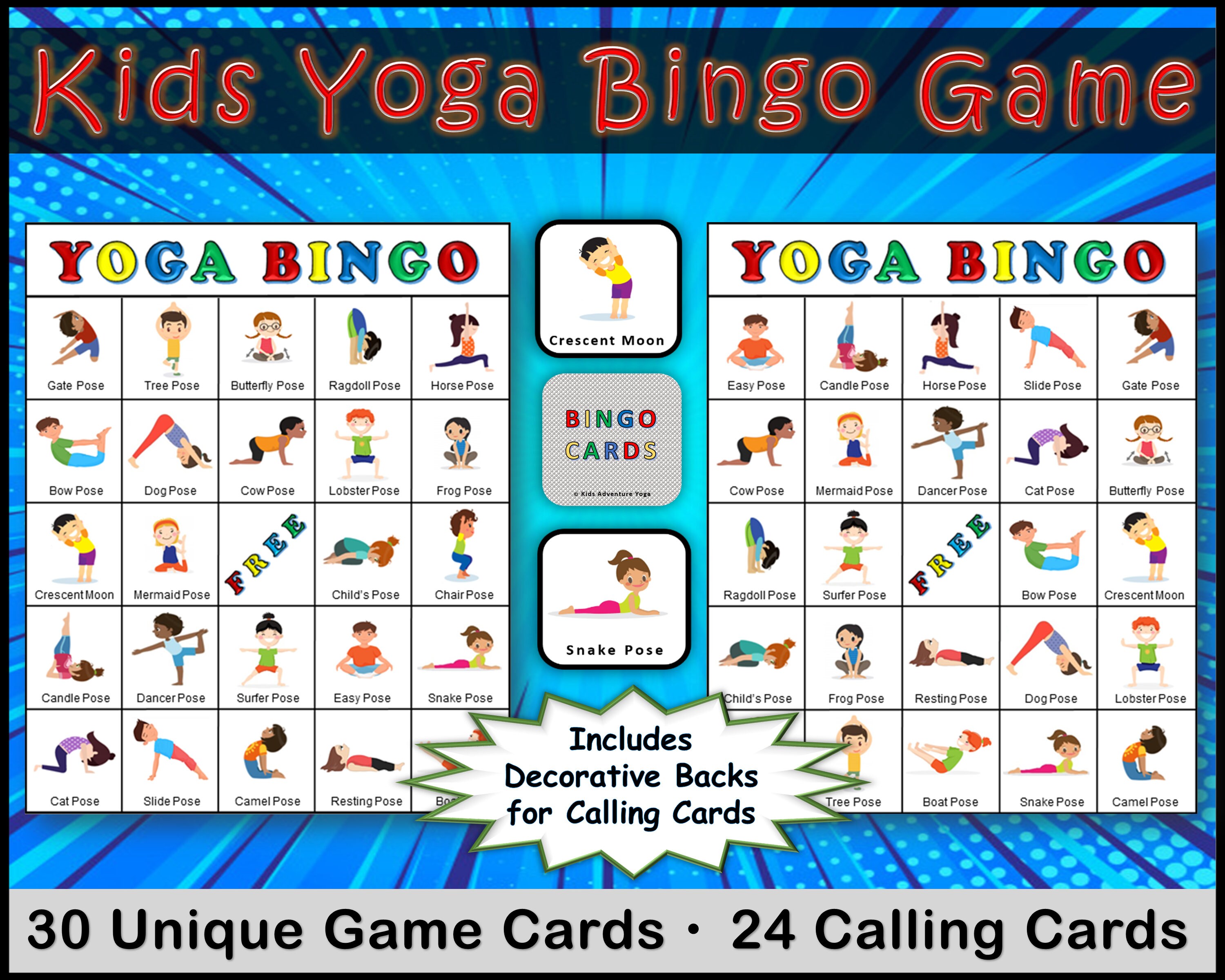 Kids Yoga Pose Bingo Game, 24 Different Poses, Diverse Clip Art- Digital PDF Download