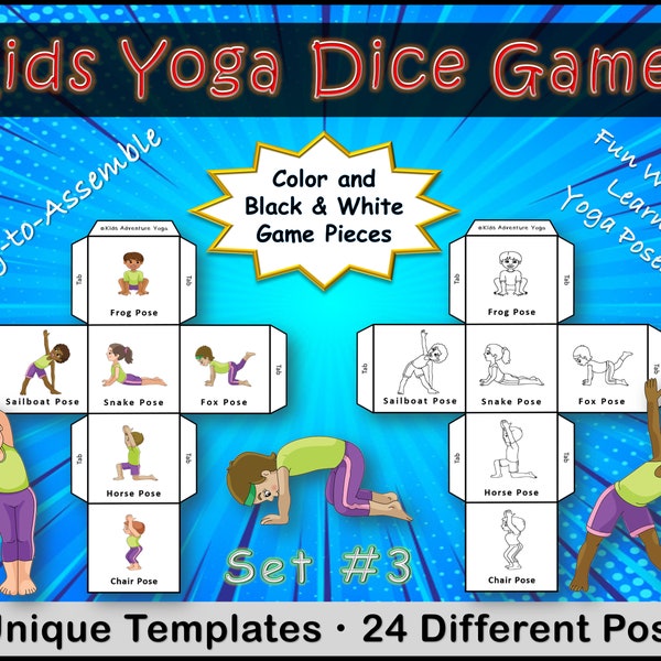 Juego de dados de yoga para niños, 24 posturas diferentes, juego de fitness, clase de yoga para niños, educación física Clase, Rincón Calmante, Clip Art Diverso, Descarga Digital PDF