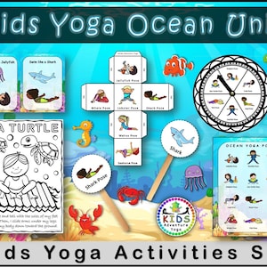 Conjunto de actividades y juegos de yoga para niños en el océano, páginas para colorear, juego giratorio, juego de dados, tarjetas de tareas, tarjetas de pose, imágenes prediseñadas diversas, descarga en PDF