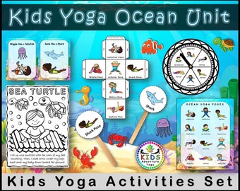 Ocean Kids Yoga Games and Activities Set, Coloring Pages, Spinner Game, Dice Game, Task Cards, Pose Cards, Diverse Clip Art, PDF Download