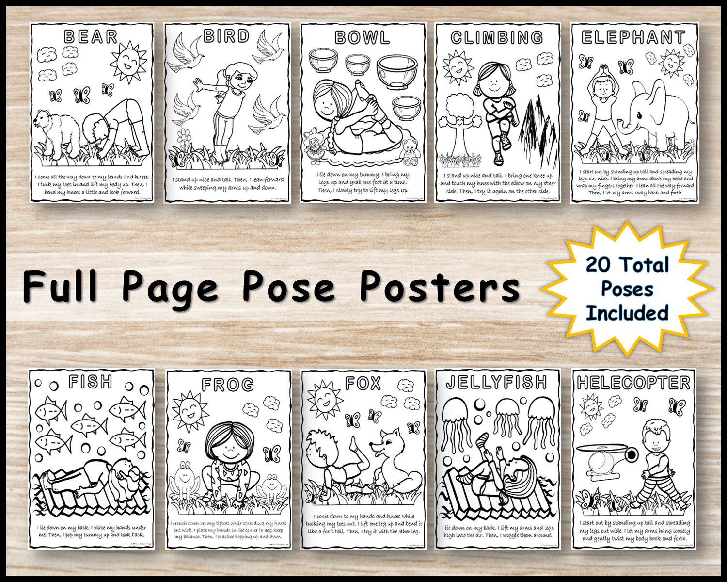 kids yoga pose coloring pages set 1 20 different poses etsy
